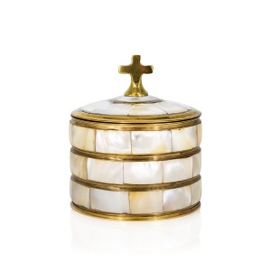 Pojemnik mosiężny na komunikanty dekorowany masą perłową