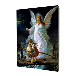 Obraz religijny na desce lipowej, Anioł Stróż z dziećmi