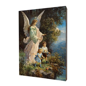 Obraz religijny na desce lipowej, Anioł Stróż z dziećmi
