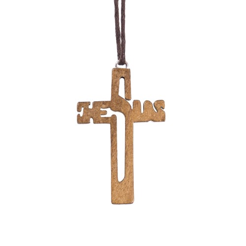 Naszyjnik - krzyżyk - JESUS - drewno - rzemyk