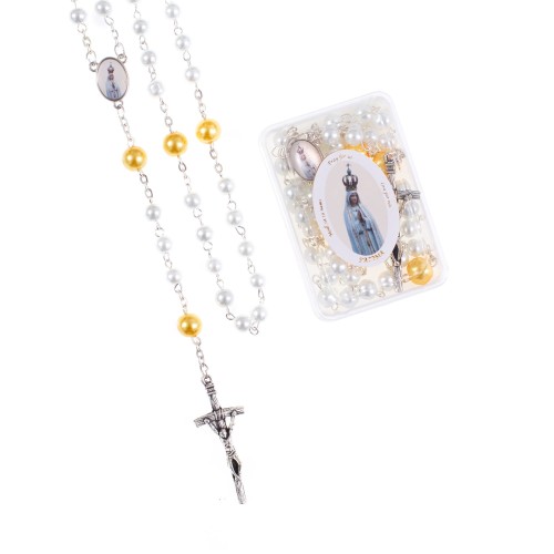 Różaniec - szkło - perłowa powłoka - 6 i 8 mm - Matka Boża Fatimska - pudełko