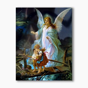Nowoczesny obraz religijny plexi, Anioł Stróż z dziećmi na mostku