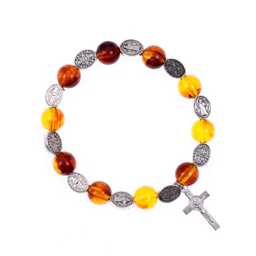 Bransoletka - dziesiątka różańca - Św. Benedykt - bursztyn syntetyczny