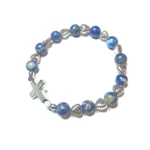 Bransoletka - różaniec - kamień naturalny  lapis lazuli metalowe serduszka