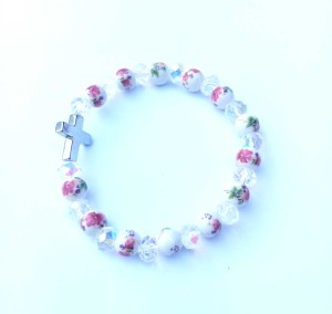 Bransoletka - różaniec - ceramika ze szklanymi koralikami w kolorze kryształków Swarovskiego