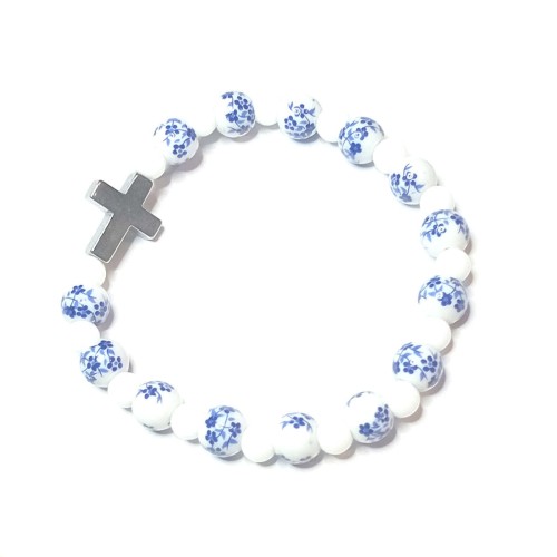 Bransoletka ceramiczna granatowe kwiatuszki i agat.jpg