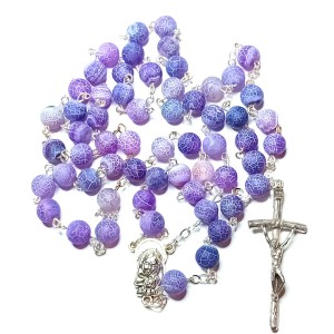 Różaniec do Pierwszej Komunii - kamień naturalny  agat mrożony fiolet lawenda 8mm