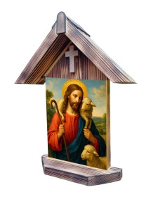 Kapliczka z obrazem ceramicznym Jezusa Dobrego Pasterza z barankami, owieczkami