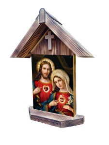 Kapliczka drewniana z obrazem Serca Jezusa i Maryi na ceramice