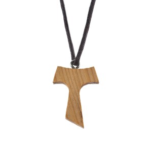Naszyjnik,krzyżyk Tau drewniany  na woskowanym sznurku