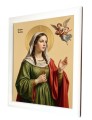 Zbliżenie na szczegóły ikonicznej grafiki Świętej Doroty na ceramice ukazujące twarz świętej, aureolę i sakralne detale.jpg