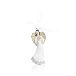 Aniołek Favola 11 cm z żywicy – biała zawieszka z sercem