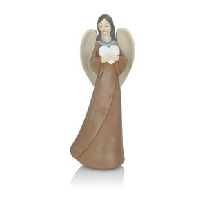 Anioł Favola 23 cm z sercem – brązowa figurka z żywicy