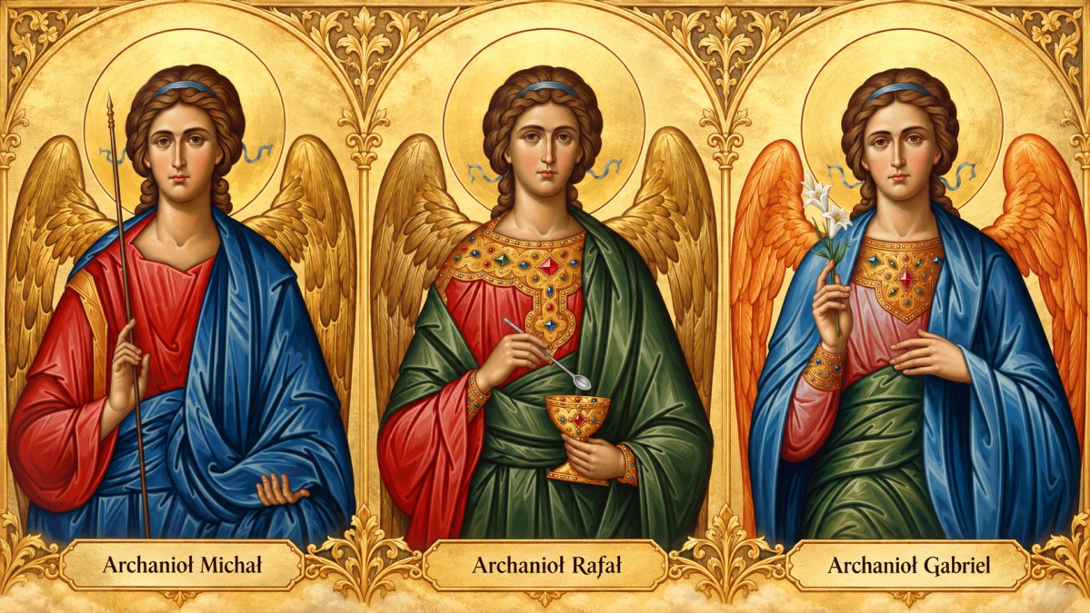Archaniołowie Michał, Rafał i Gabriel na wspólnym obrazie w stylu ikonicznym. Michał z włócznią, Rafał z naczyniem i łyżeczką, Gabriel z białą lilią. Trzej archaniołowie z aureolami na złotym tle.